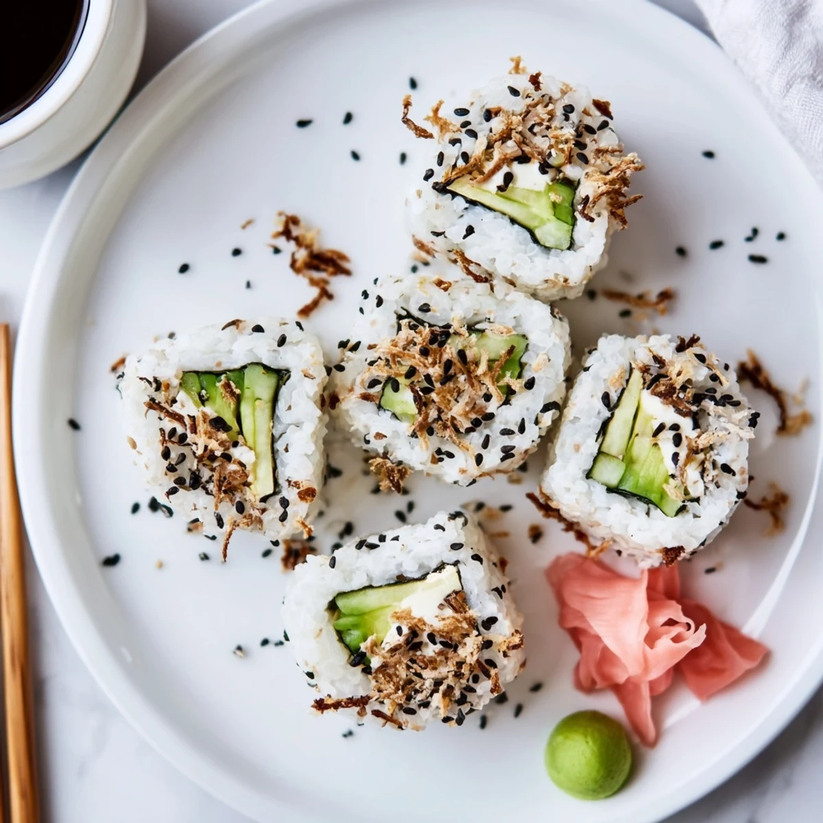 California Crunch Roll Sushi with creamy crab, avocado, crisp tempura flakes