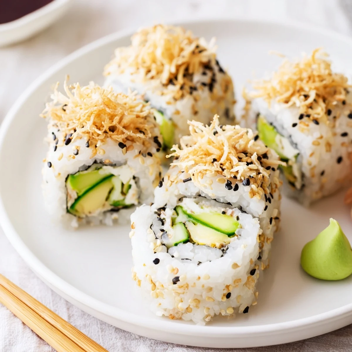 Fresh California Crunch Roll Sushi sliced on bamboo mat, soy sauce ready