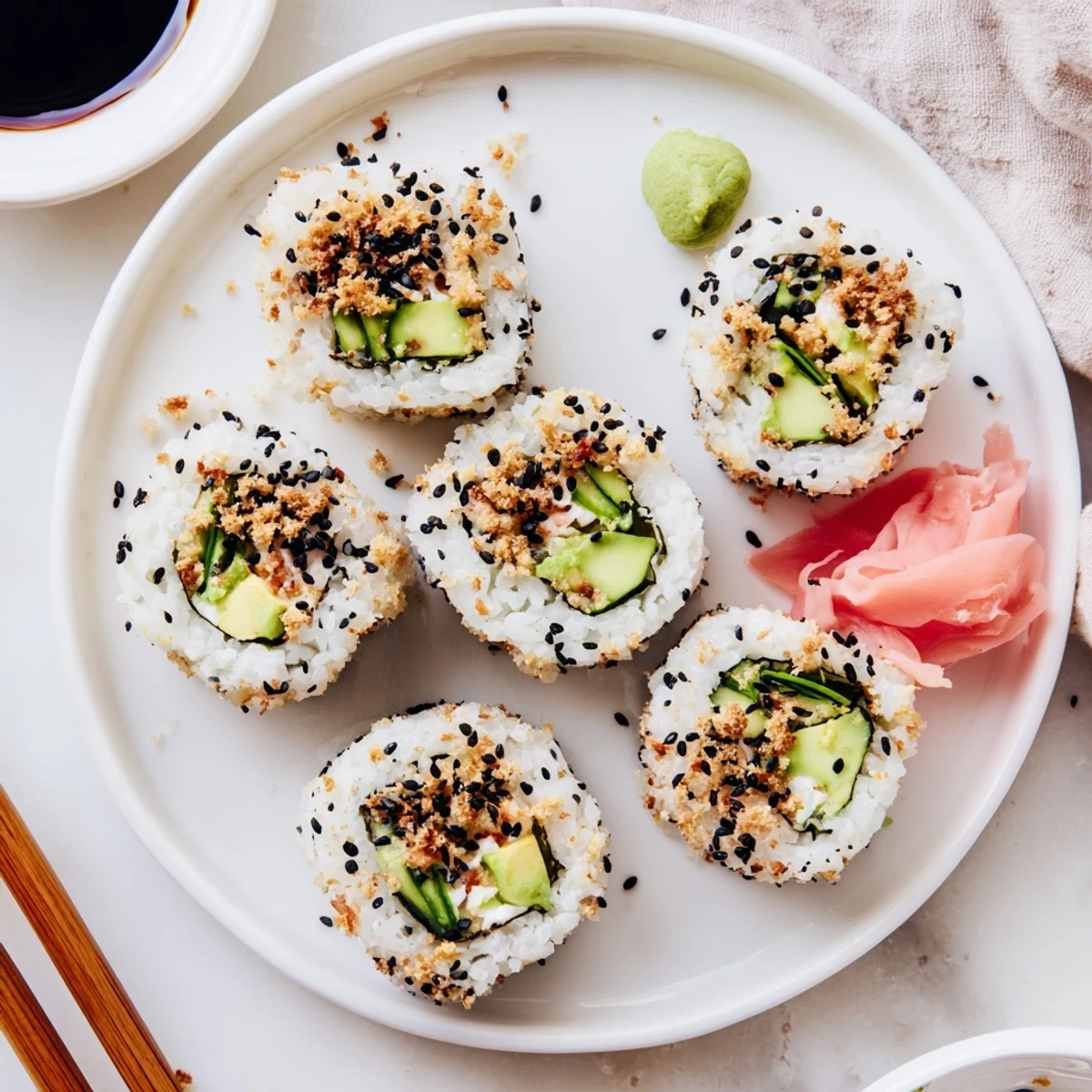 Plate of California Crunch Roll Sushi garnished with sesame, pickled ginger, wasabi