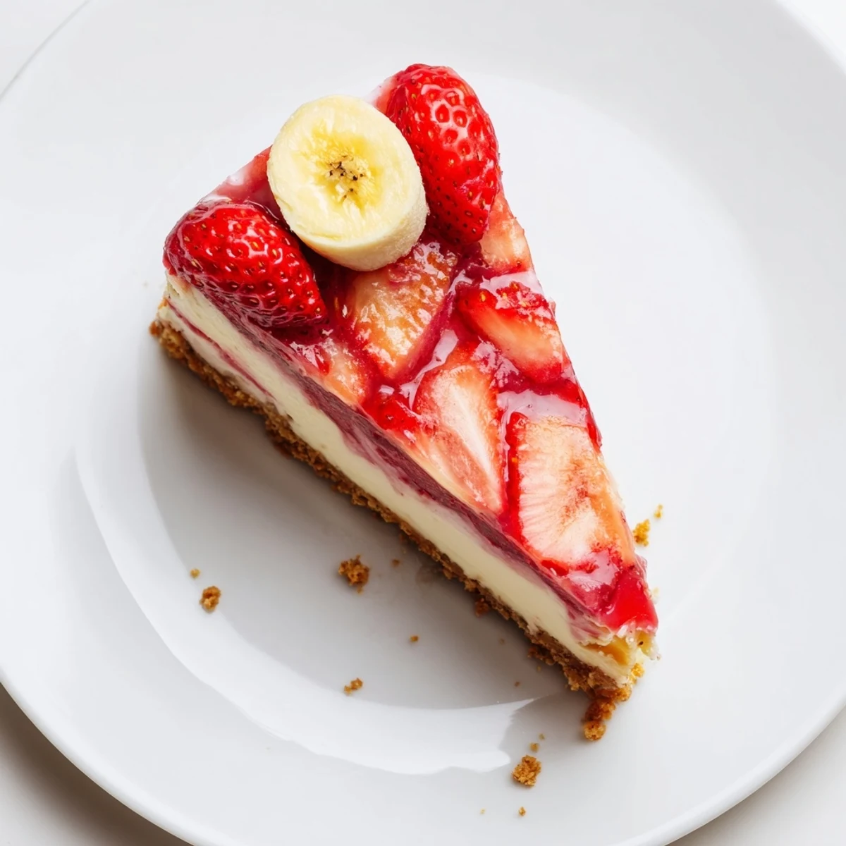 Creamy Banana Strawberry Cheesecake topped with glossy sliced strawberries and bananas