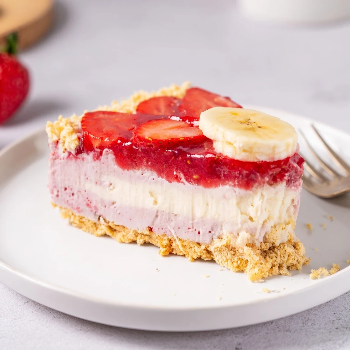 Chilled Banana Strawberry Cheesecake on parchment-lined pan, ready for summer gatherings