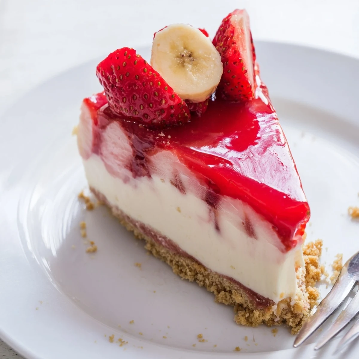 Fork-ready slice of Banana Strawberry Cheesecake, creamy filling and juicy berries