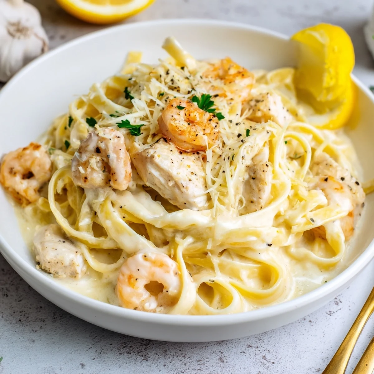 Creamy Lemon Garlic Shrimp Chicken Alfredo steaming over fettuccine, garnished with parsley