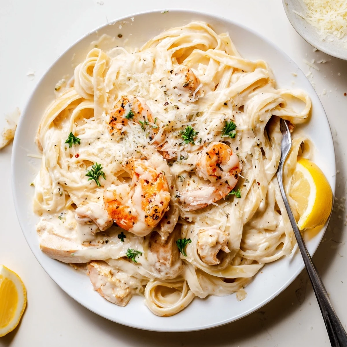 Zesty lemon aroma and silky sauce in Creamy Lemon Garlic Shrimp Chicken Alfredo