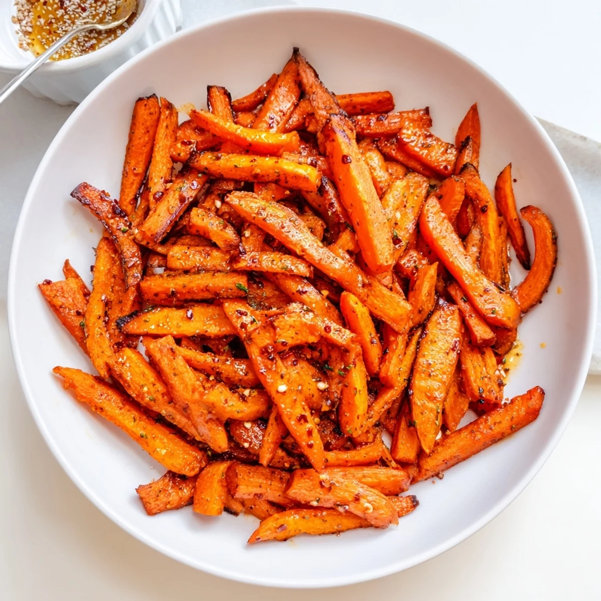 Golden oven-crisped Crispy Carrot Fries With Feta Dip Spicy Honey Drizzle