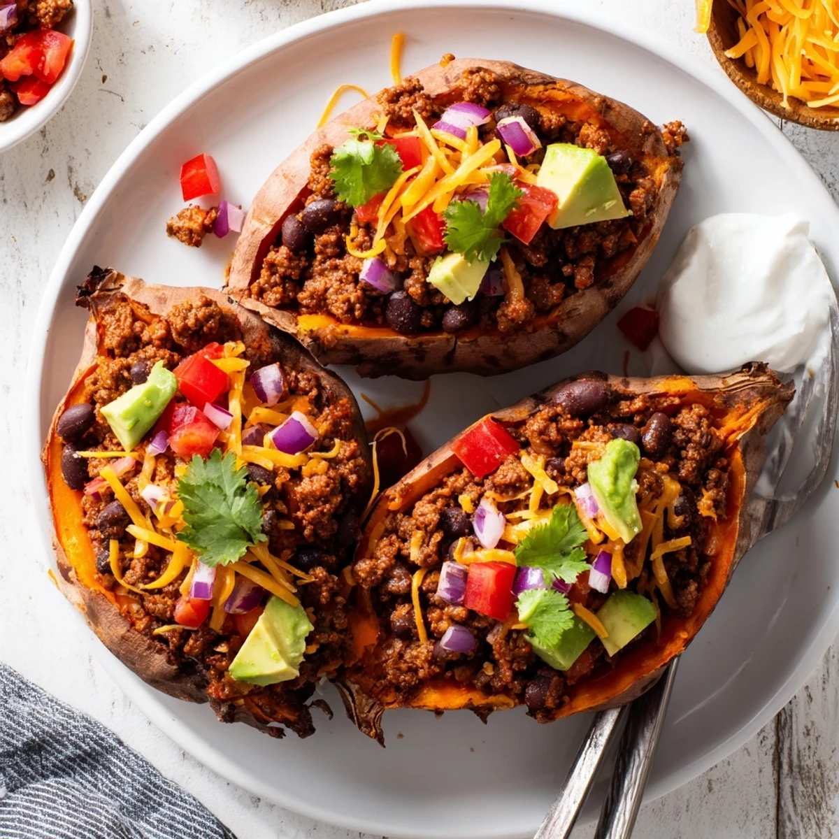 Oven-roasted Taco Stuffed Sweet Potatoes topped with fresh cilantro and lime