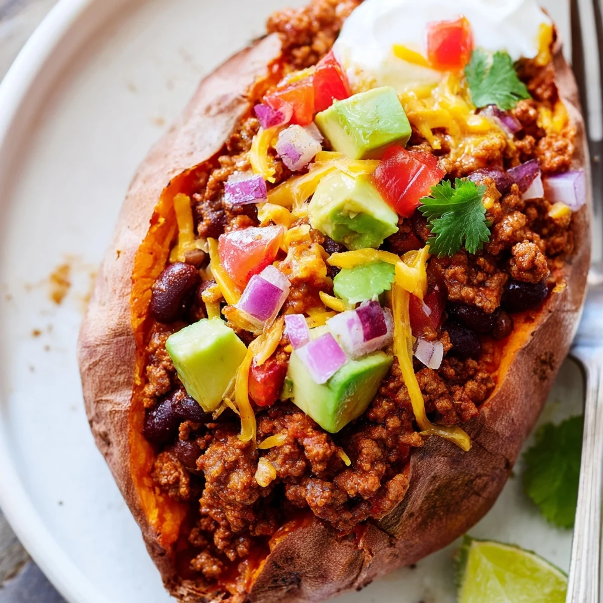 Taco Stuffed Sweet Potatoes split open, steaming beef, avocado, melted cheese