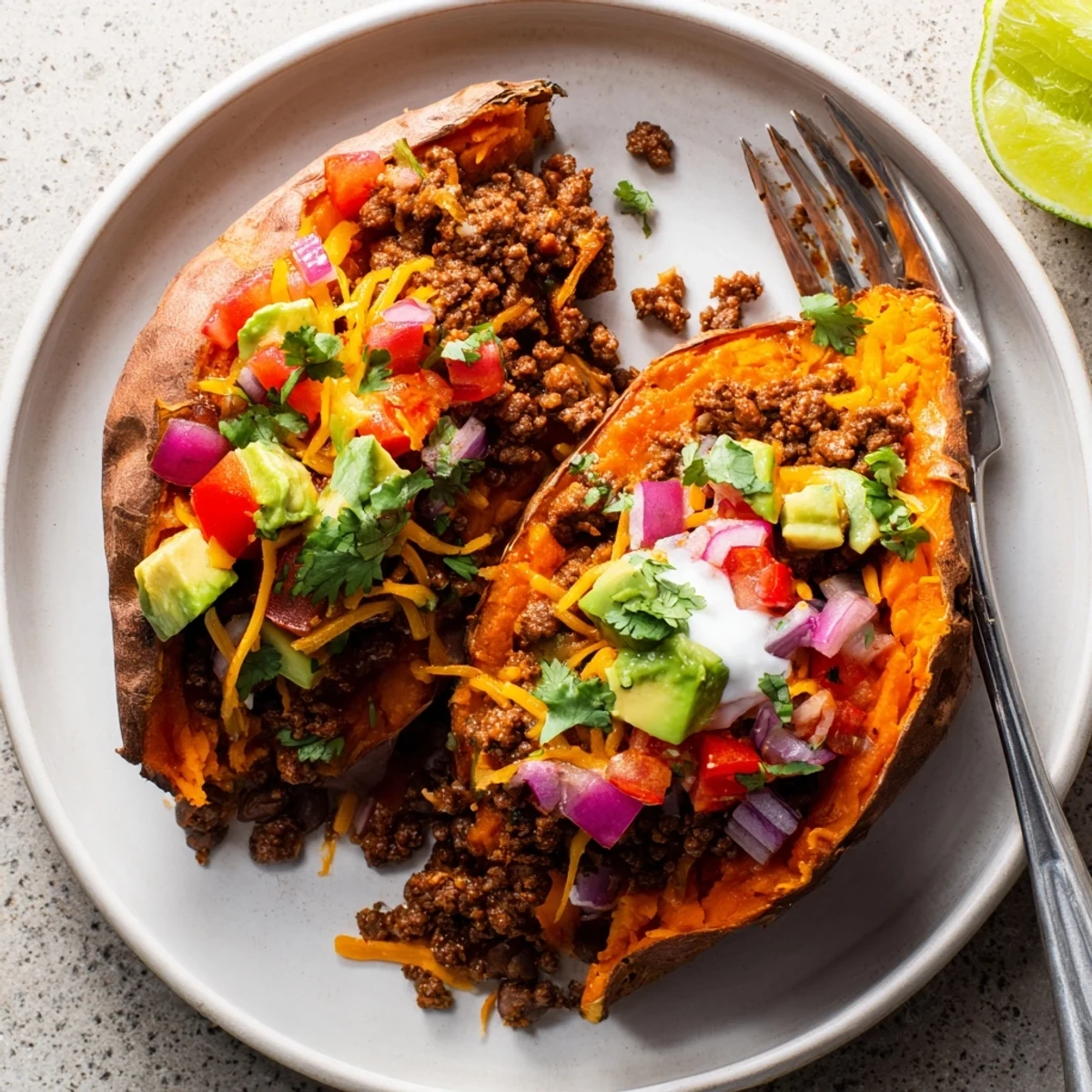 Hearty Taco Stuffed Sweet Potatoes bursting with seasoned beef, tomatoes, creamy sour cream