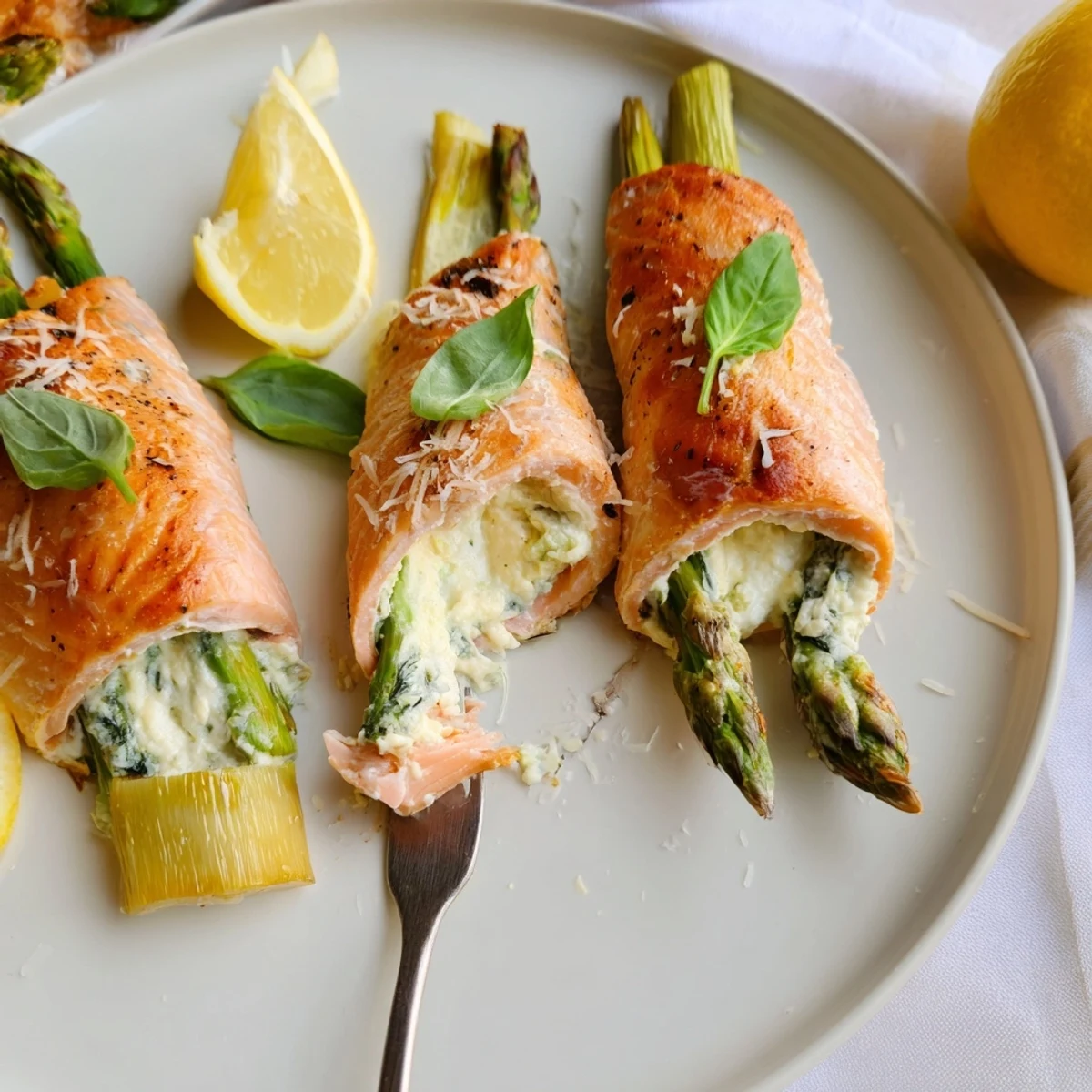 Asparagus Lemon Basil Ricotta Stuffed Salmon Rolls on parchment, golden-baked, lemon wedges.