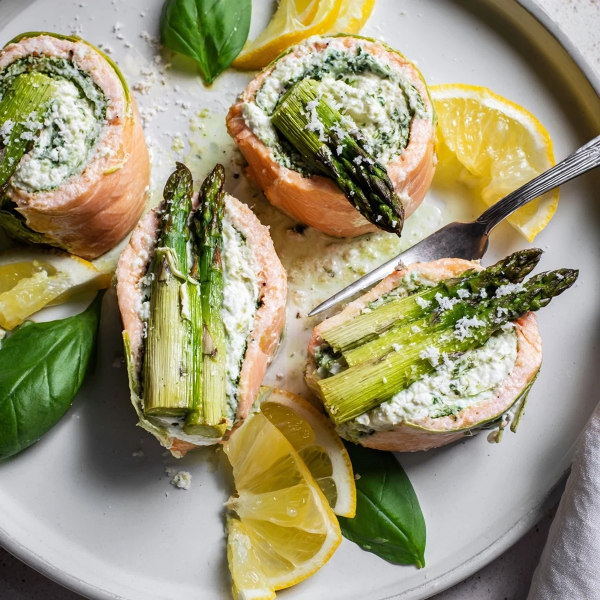 Thinly sliced Asparagus Lemon Basil Ricotta Stuffed Salmon Rolls, flaky, creamy filling.