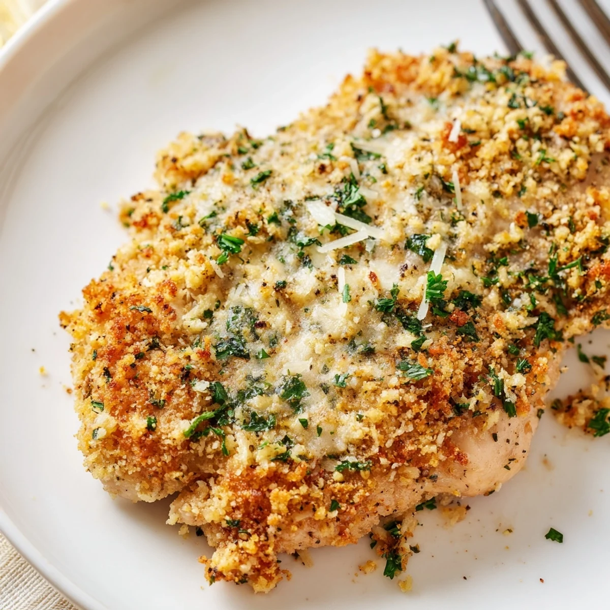 Garlic Parmesan Chicken Bake with golden breadcrumb crust resting on cutting board