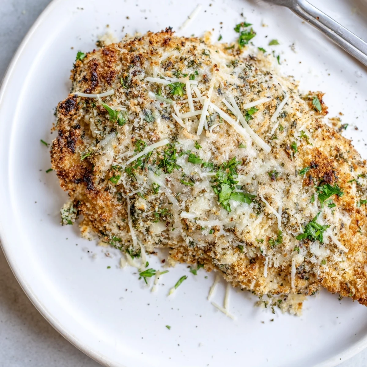Sliced Garlic Parmesan Chicken Bake steaming, creamy cheese and garlic aroma