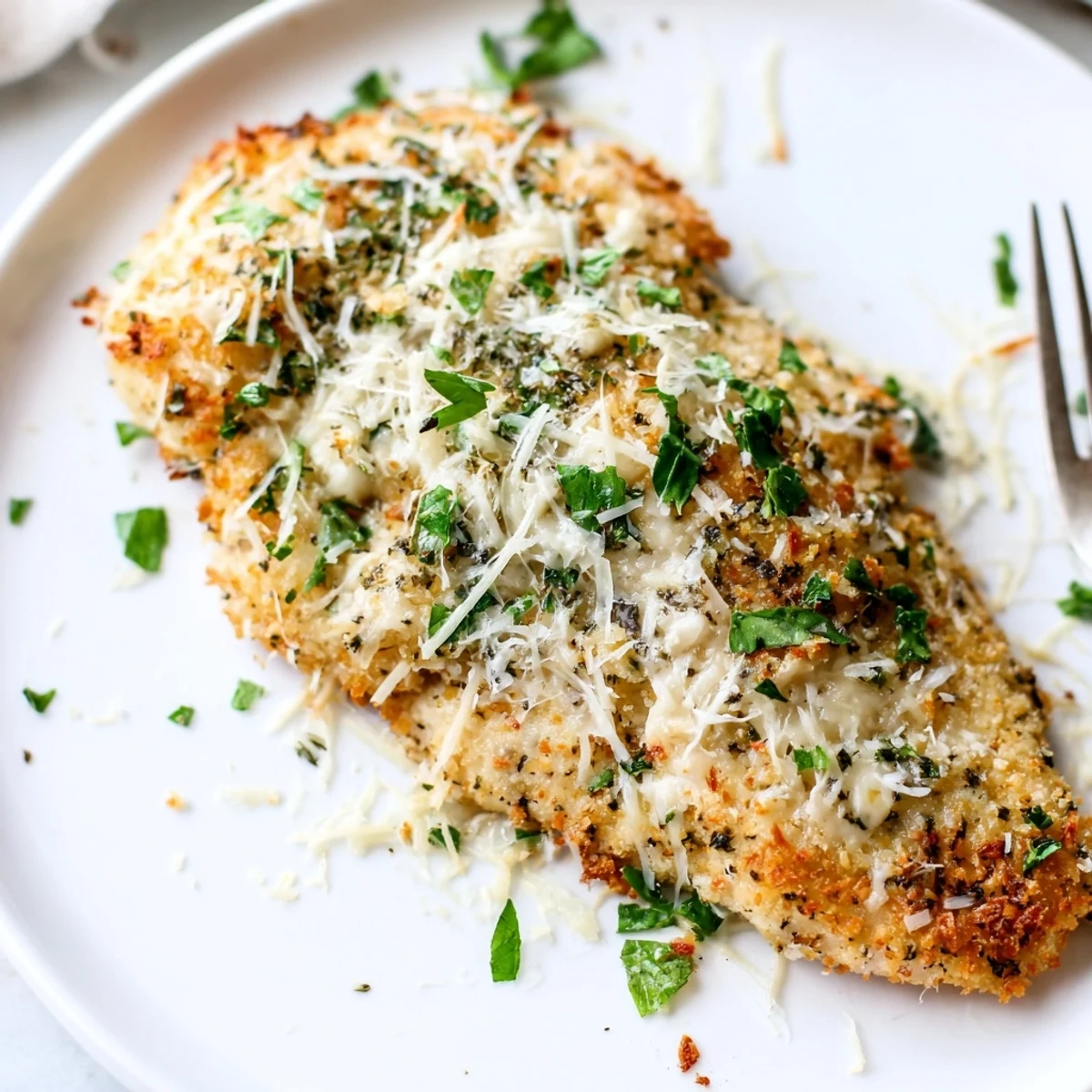 Garlic Parmesan Chicken Bake plated with roasted vegetables and fresh parsley garnish