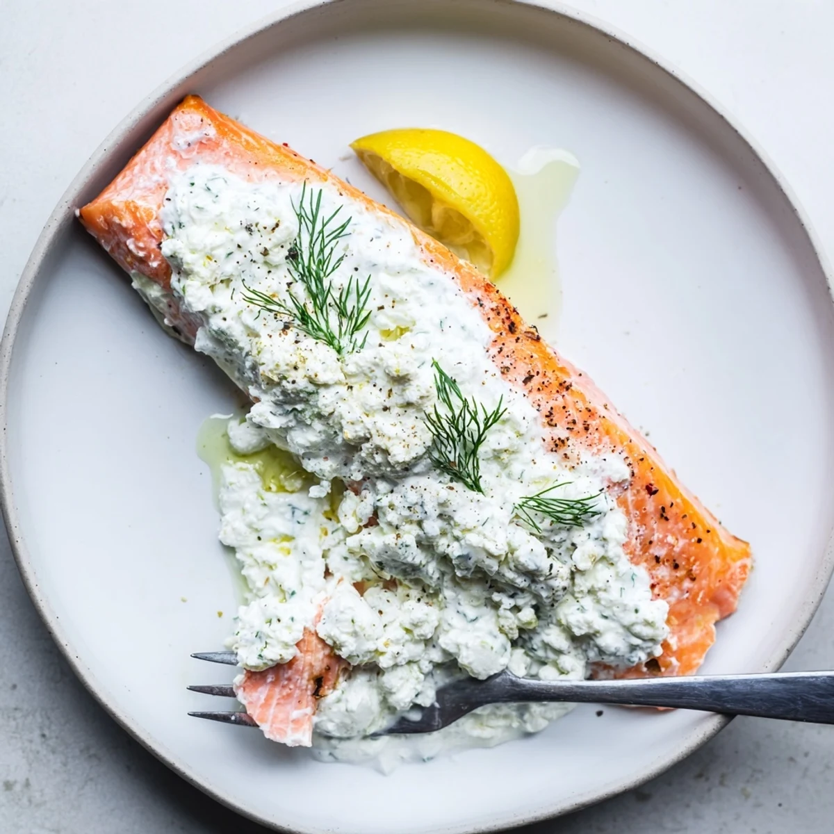 Weeknight Salmon with Feta Dill Sauce plated with roasted potatoes and salad