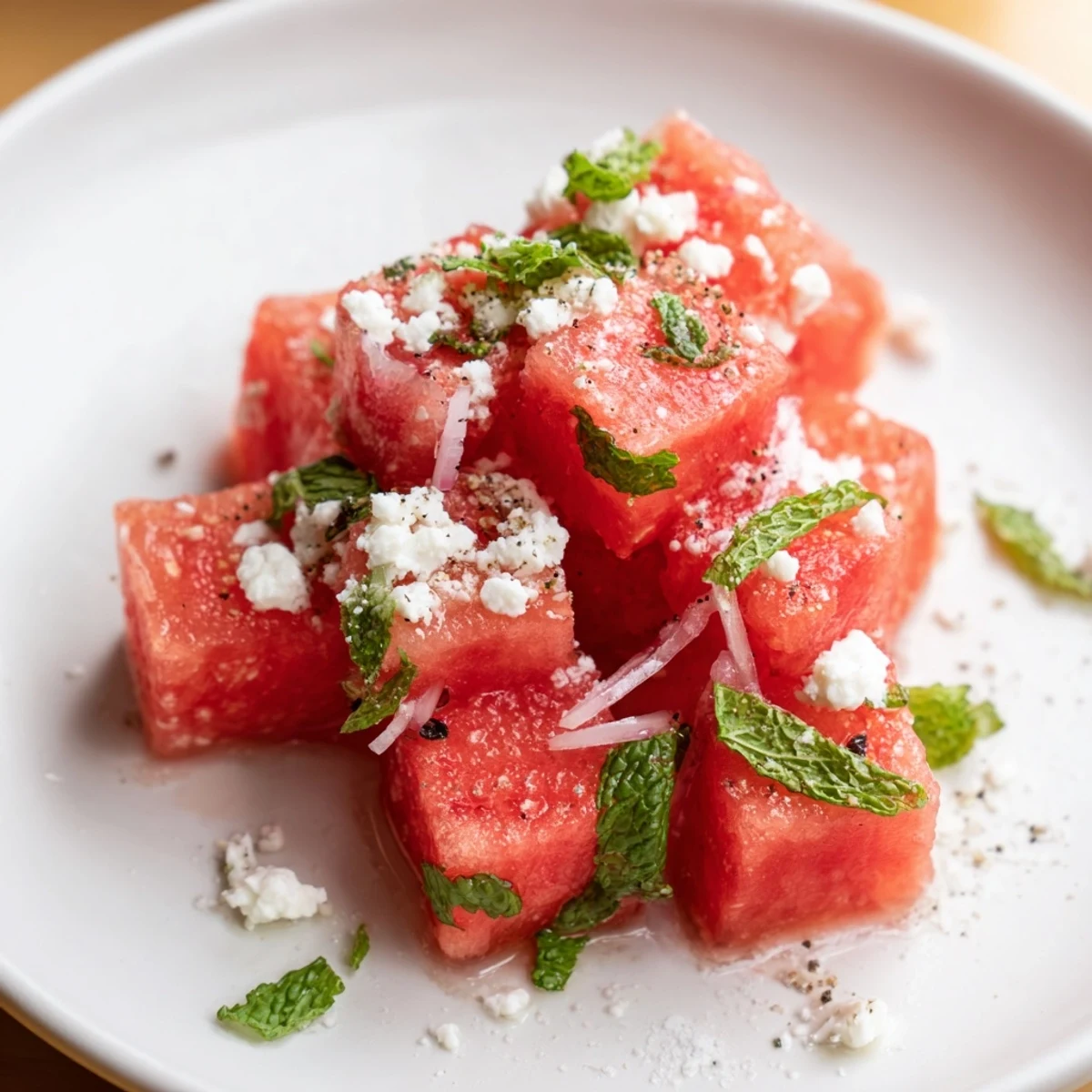 Watermelon Salad With Feta And Mint on white platter, juicy cubes glistening