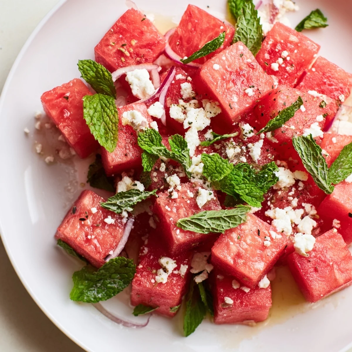Chilled Watermelon Salad With Feta And Mint tossed with lime and olive oil
