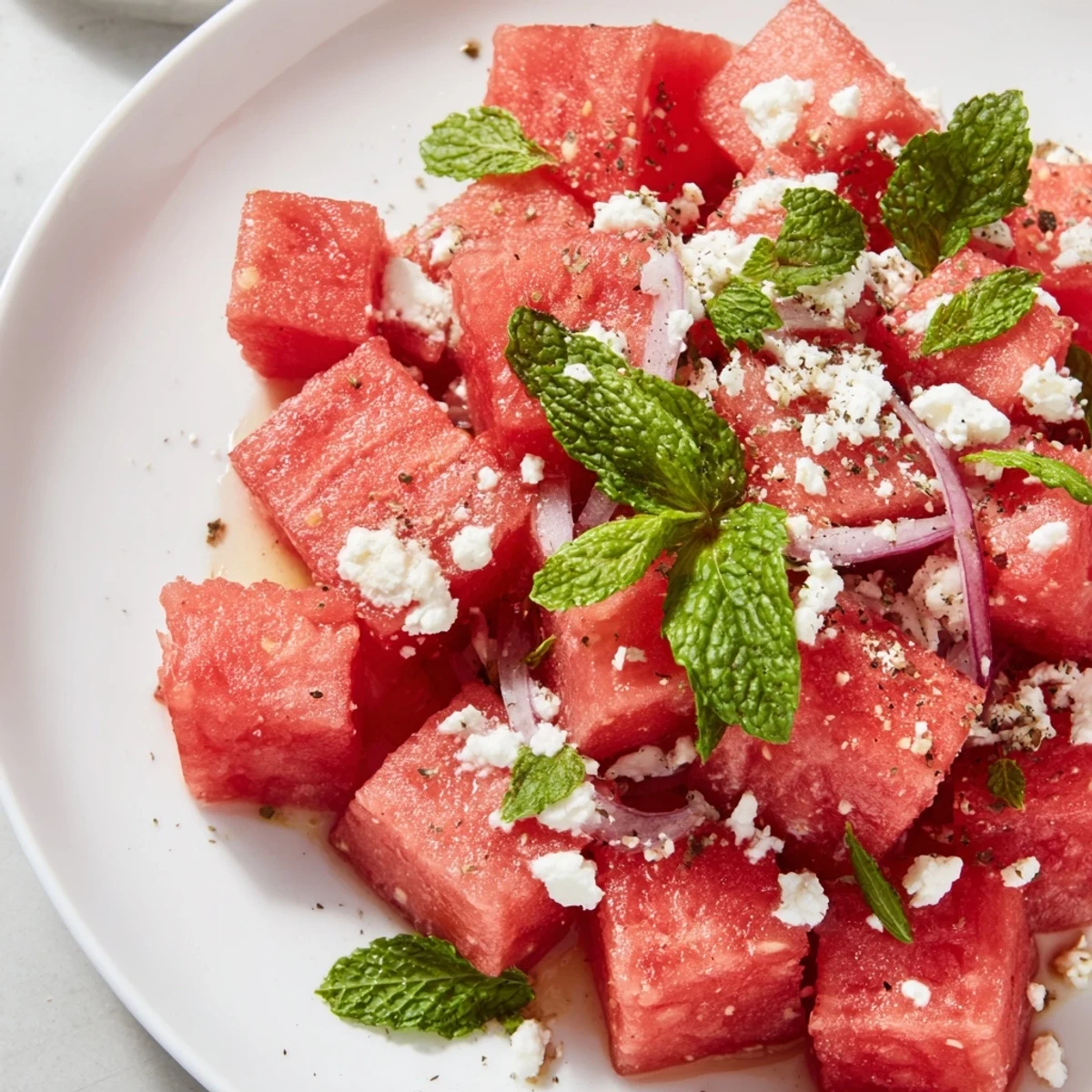 Bowl of Watermelon Salad With Feta And Mint with thin red onion slices