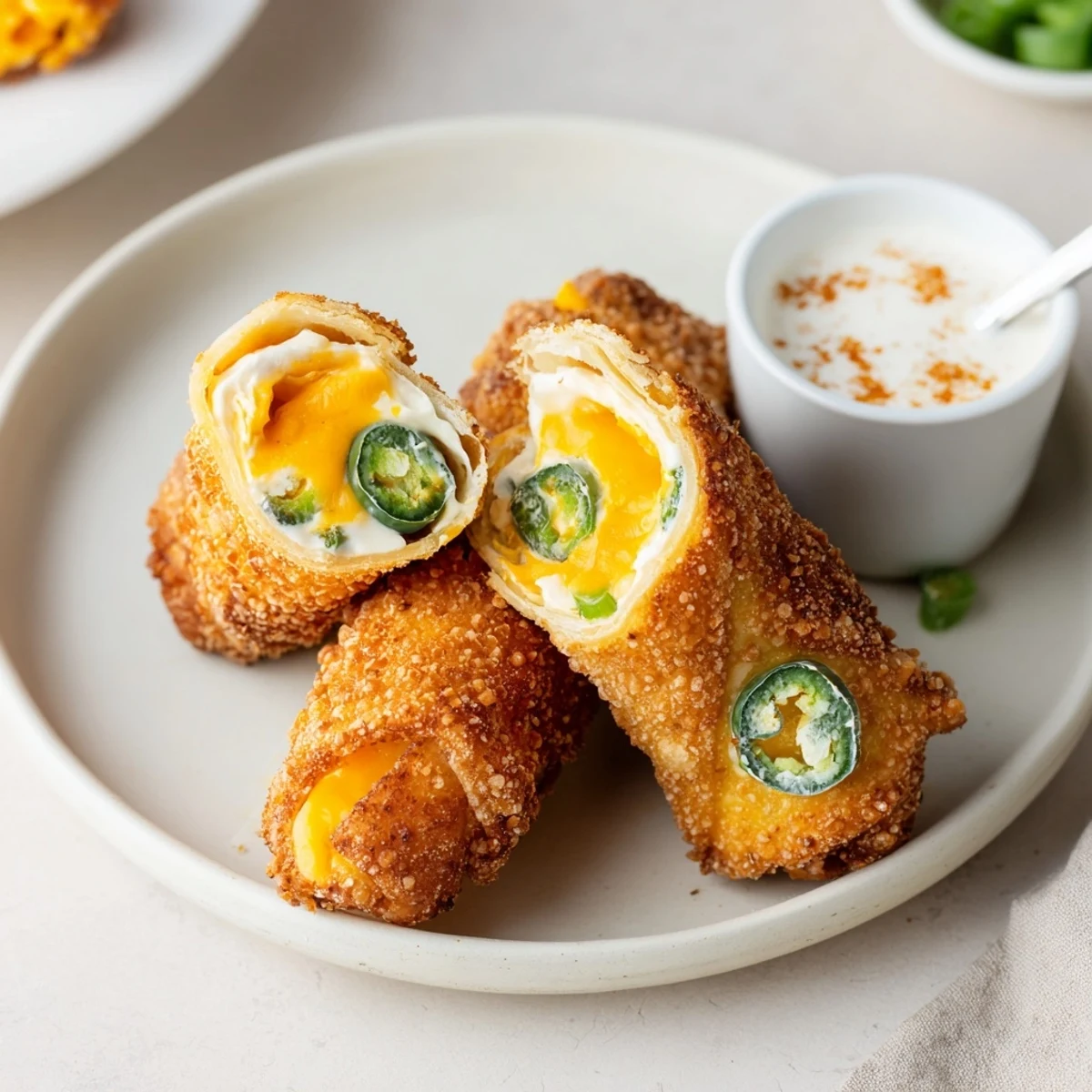 Crispy Jalapeno Popper Egg Rolls with golden shells, oozing melty cheese.