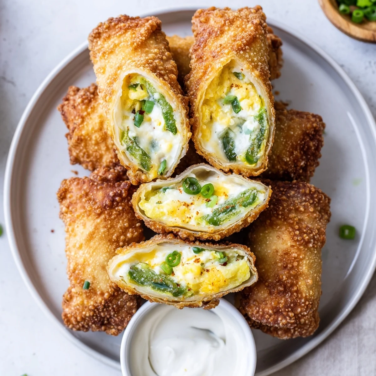 Pan-fried and bubbling with cheese, Crispy Jalapeno Popper Egg Rolls on plate.