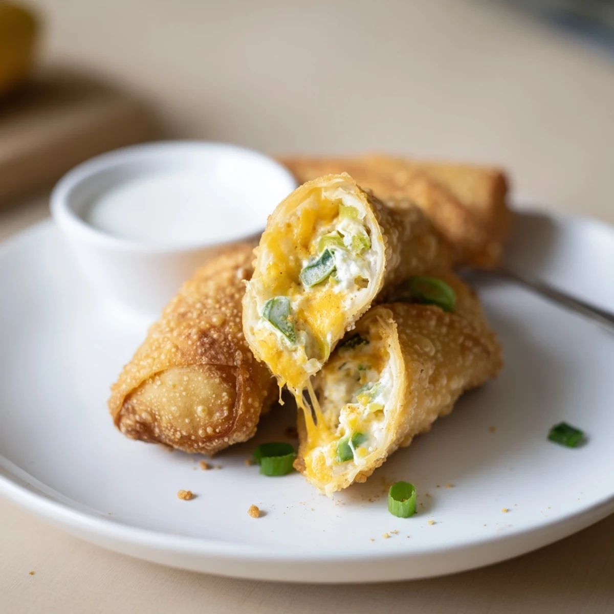 Stacked on platter for sharing, warm, crunchy Crispy Jalapeno Popper Egg Rolls.
