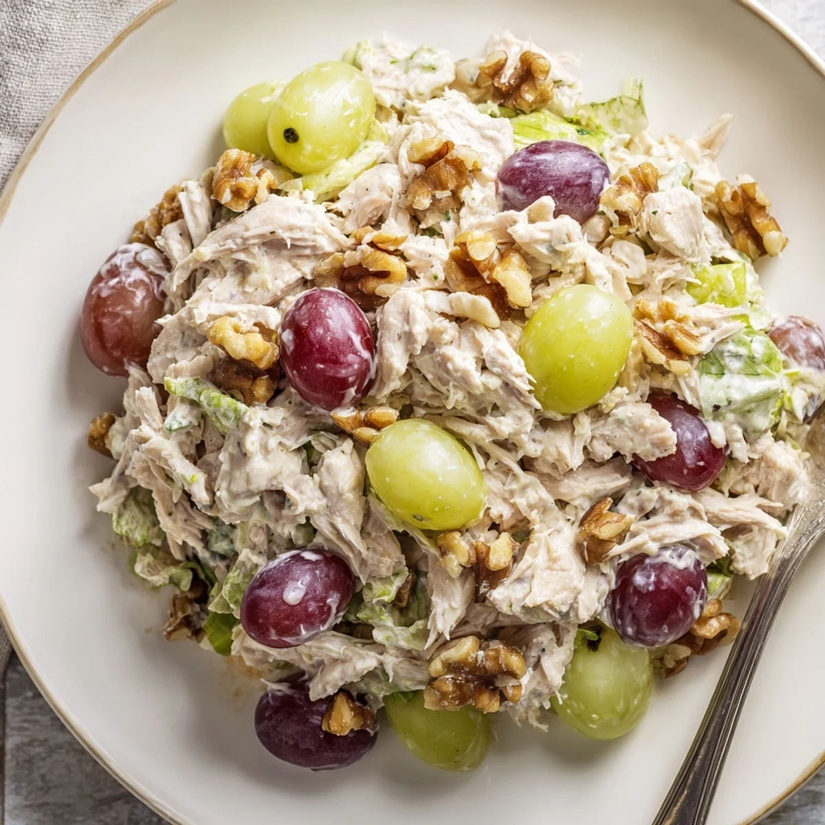 Chicken Salad With Creamy Yogurt Dressing Recipe piled on mixed greens, juicy grapes  