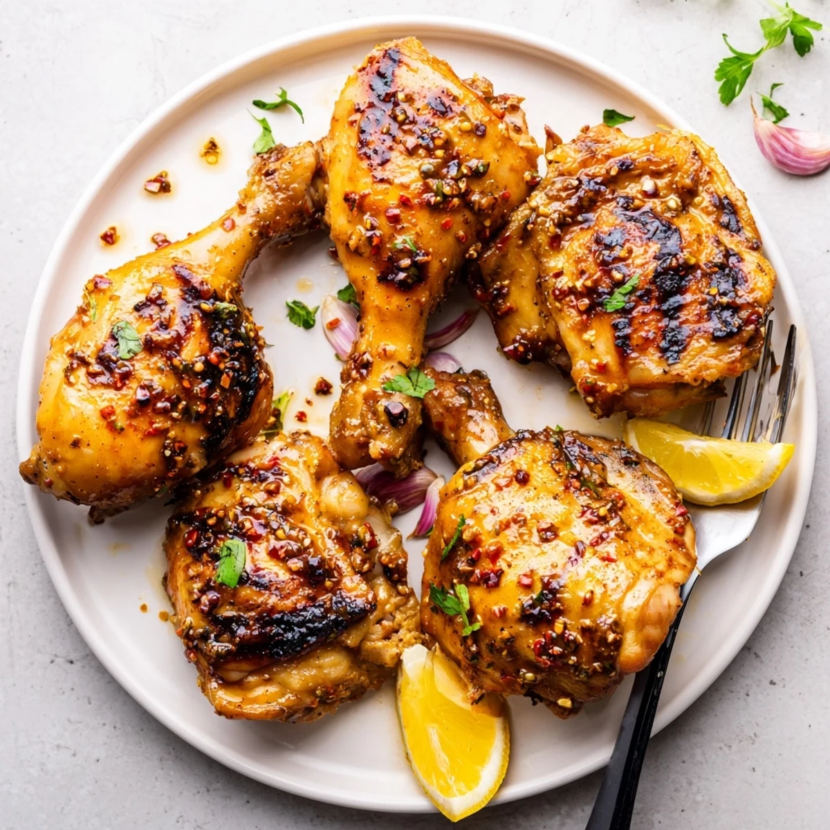 Peri Peri Chicken with charred skin glistening, garnished with lemon wedges