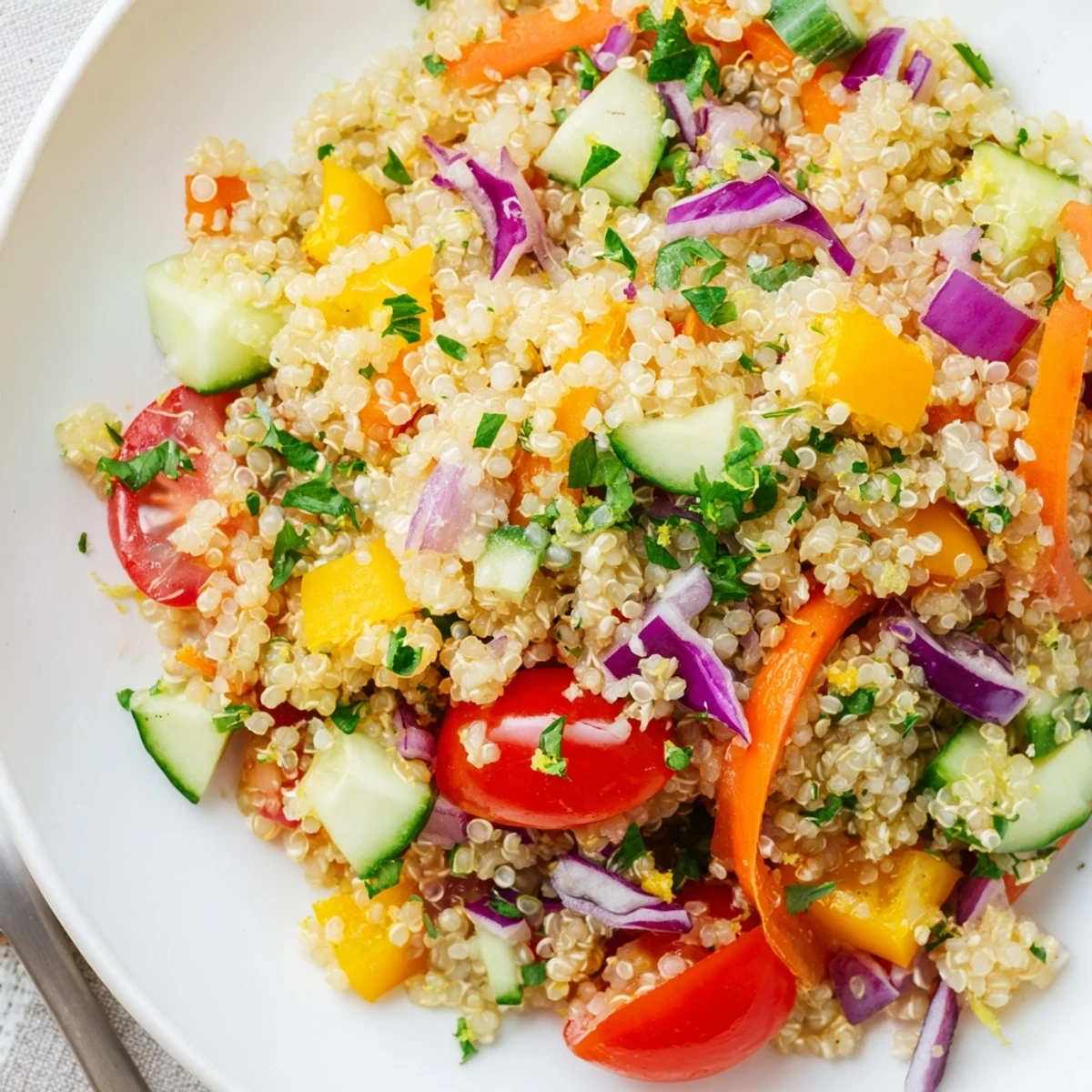 Rainbow Quinoa Salad With Lemon Dressing piled in bowl, colorful vegetables glistening