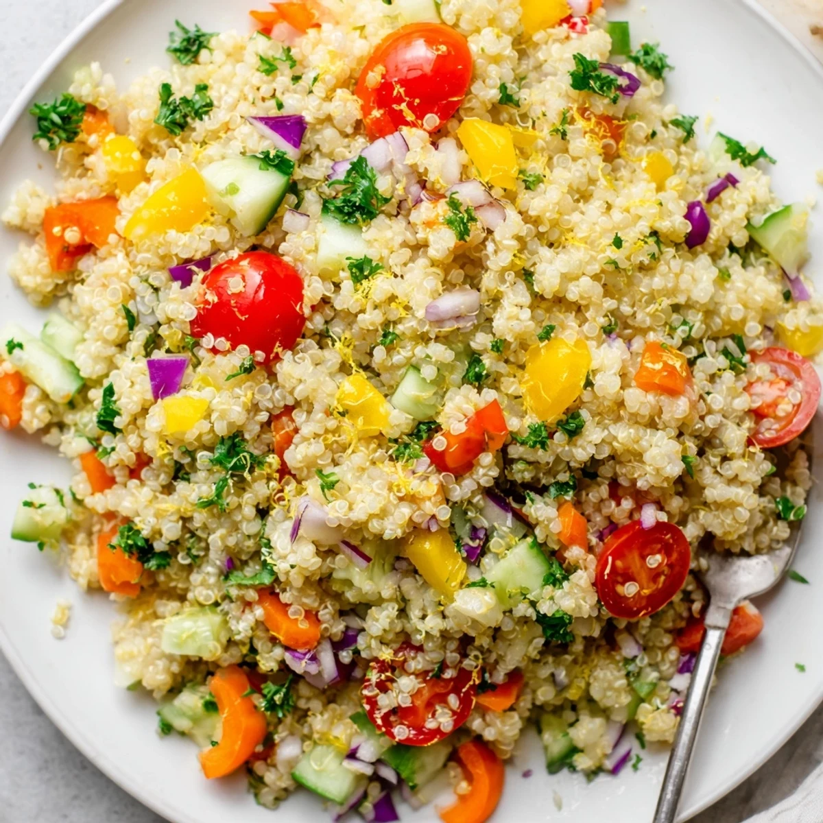 Chilled Rainbow Quinoa Salad With Lemon Dressing showcasing vibrant peppers, cucumber, and parsley