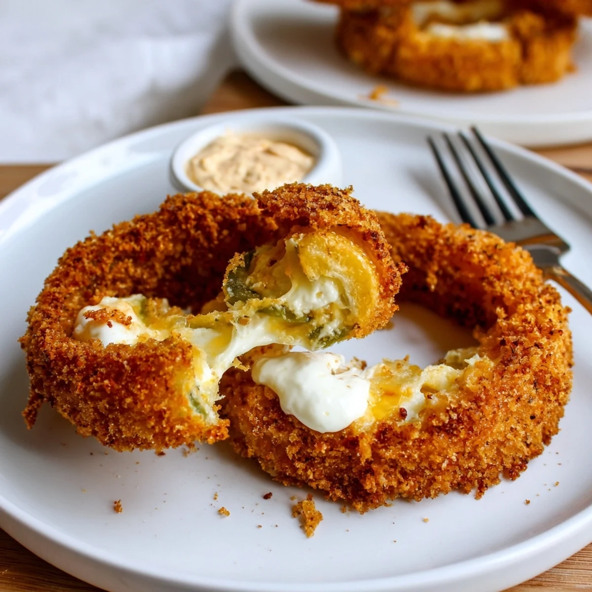 Crispy Jalapeño Popper Onion Rings sizzling golden, stuffed with creamy spicy cheese