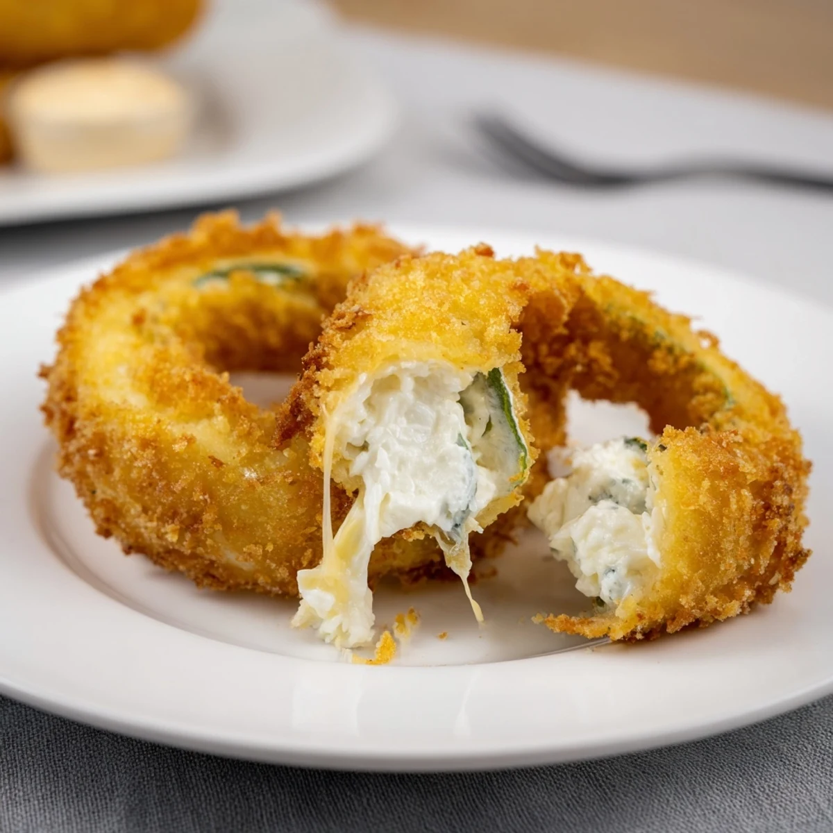 Tray of Crispy Jalapeño Popper Onion Rings served hot with ranch