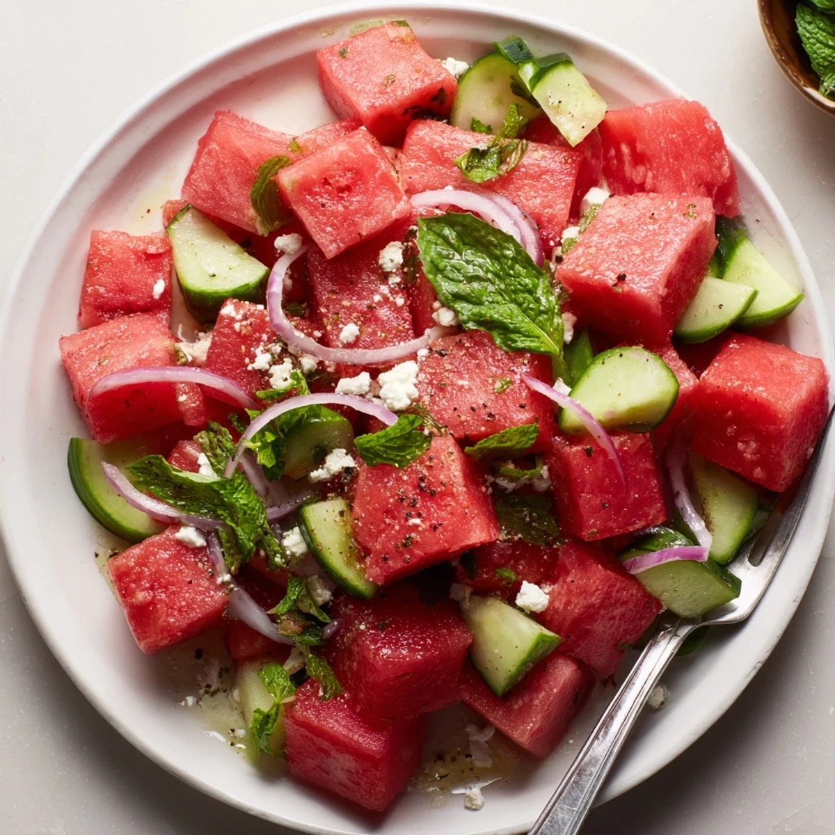 Watermelon Feta Salad Recipe with chilled cubes, crumbled feta, mint and lime