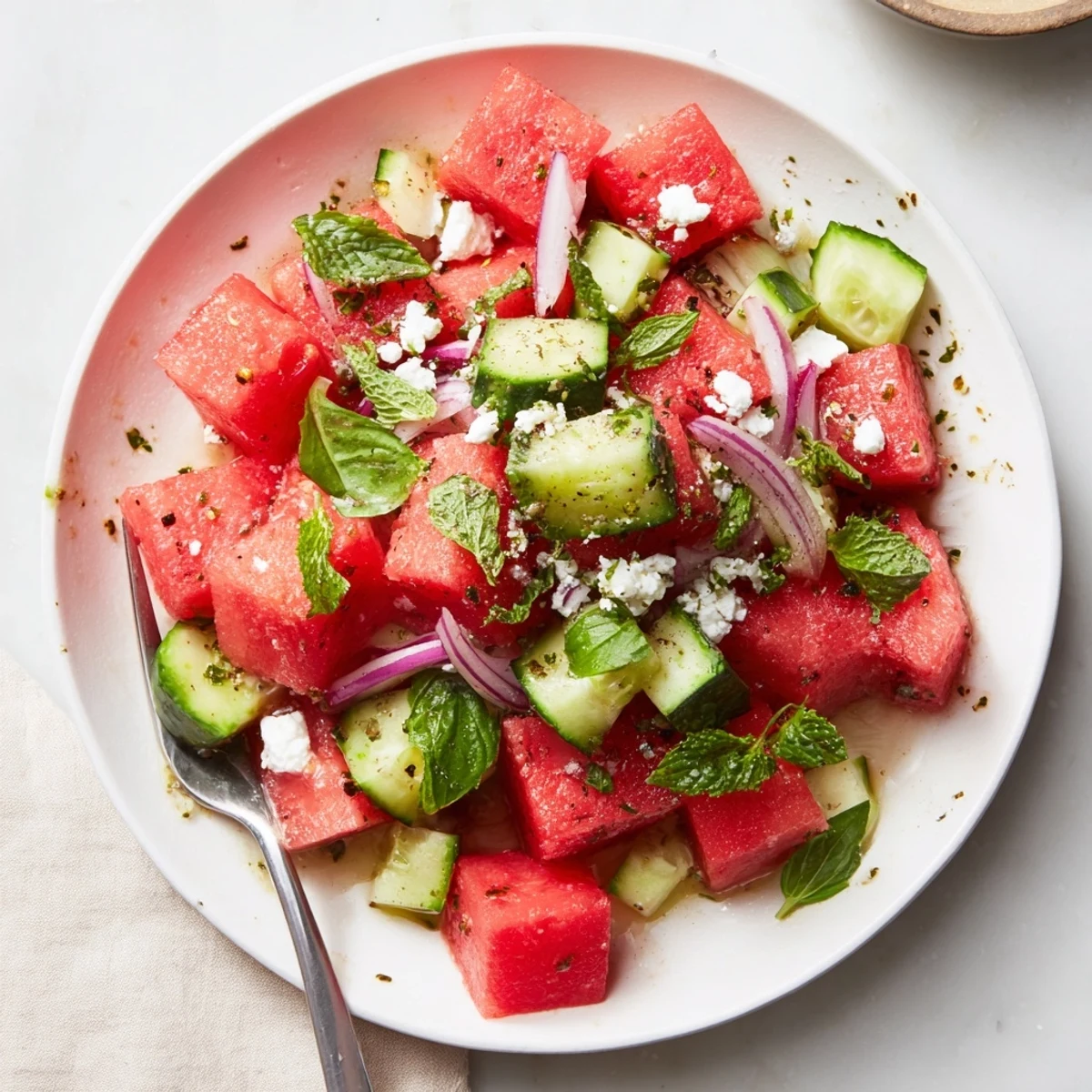 Bright Watermelon Feta Salad Recipe served chilled, cucumber crunch and fresh herbs