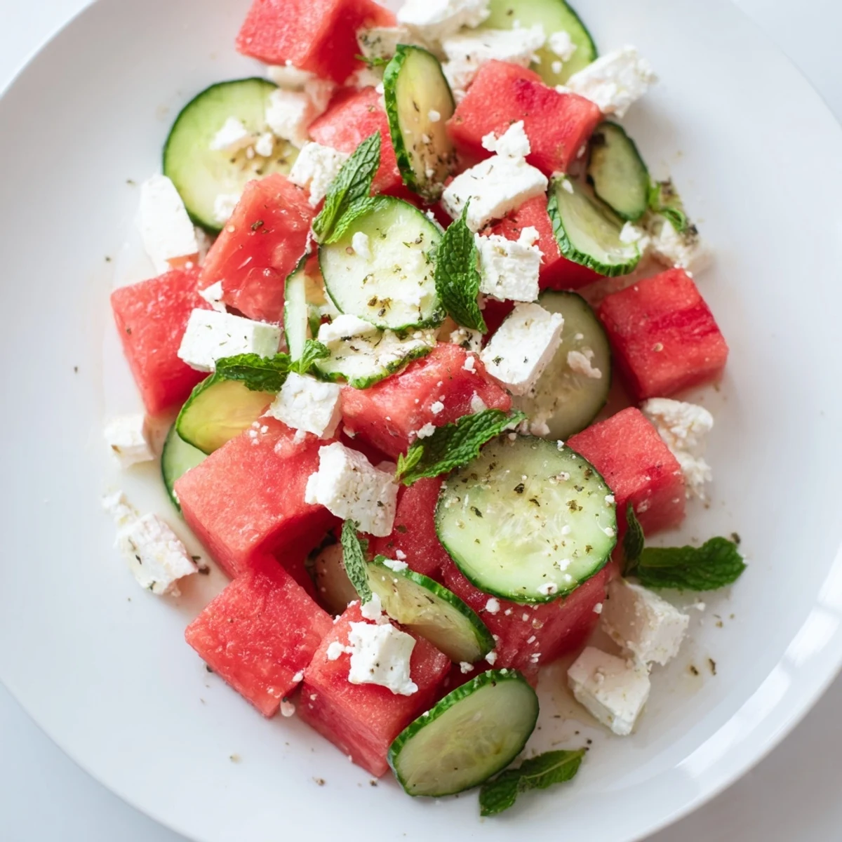 Watermelon Feta And Mint Salad Recipe showing chilled watermelon cubes, creamy feta, mint