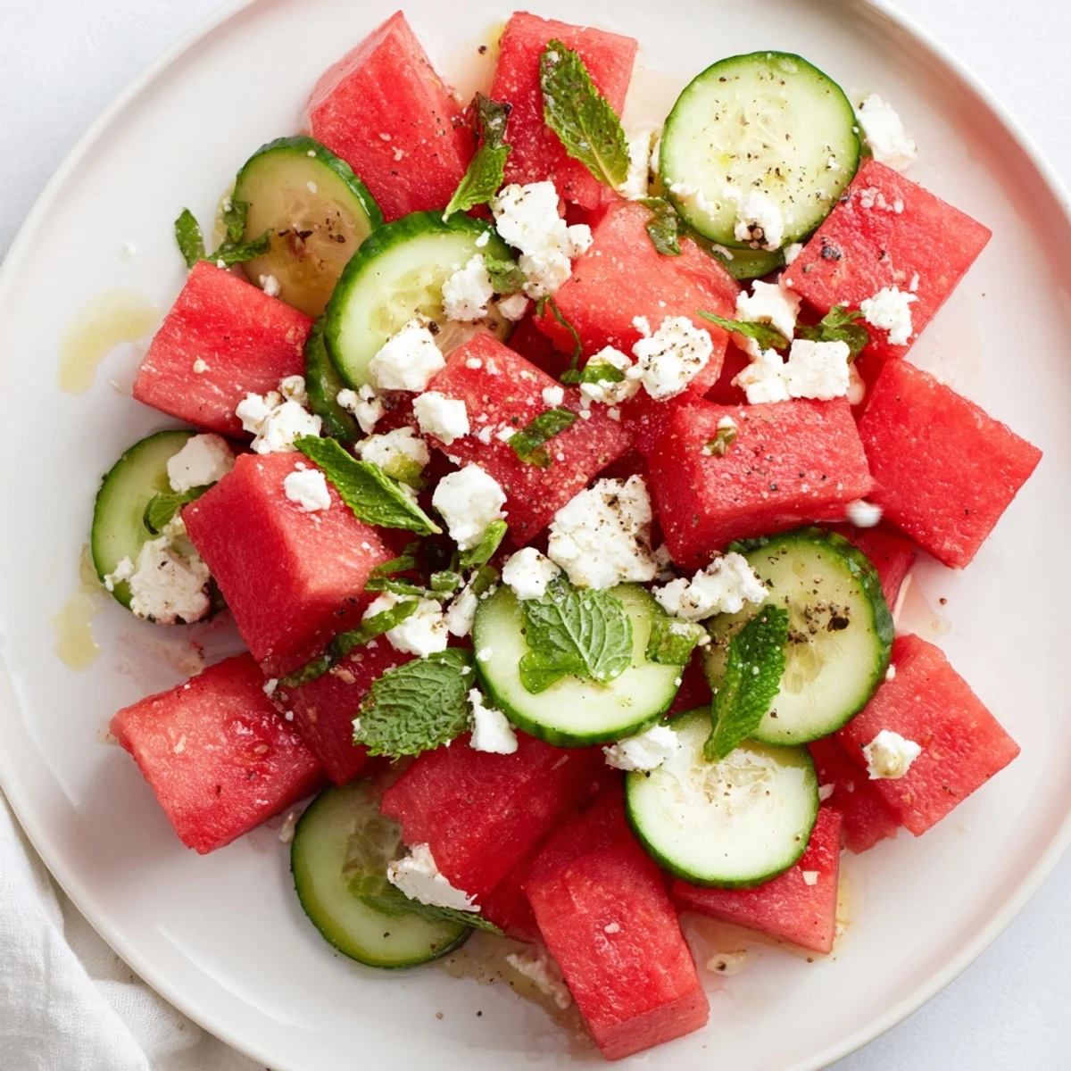Watermelon Feta And Mint Salad Recipe brightly dressed, served on platter with cracked pepper