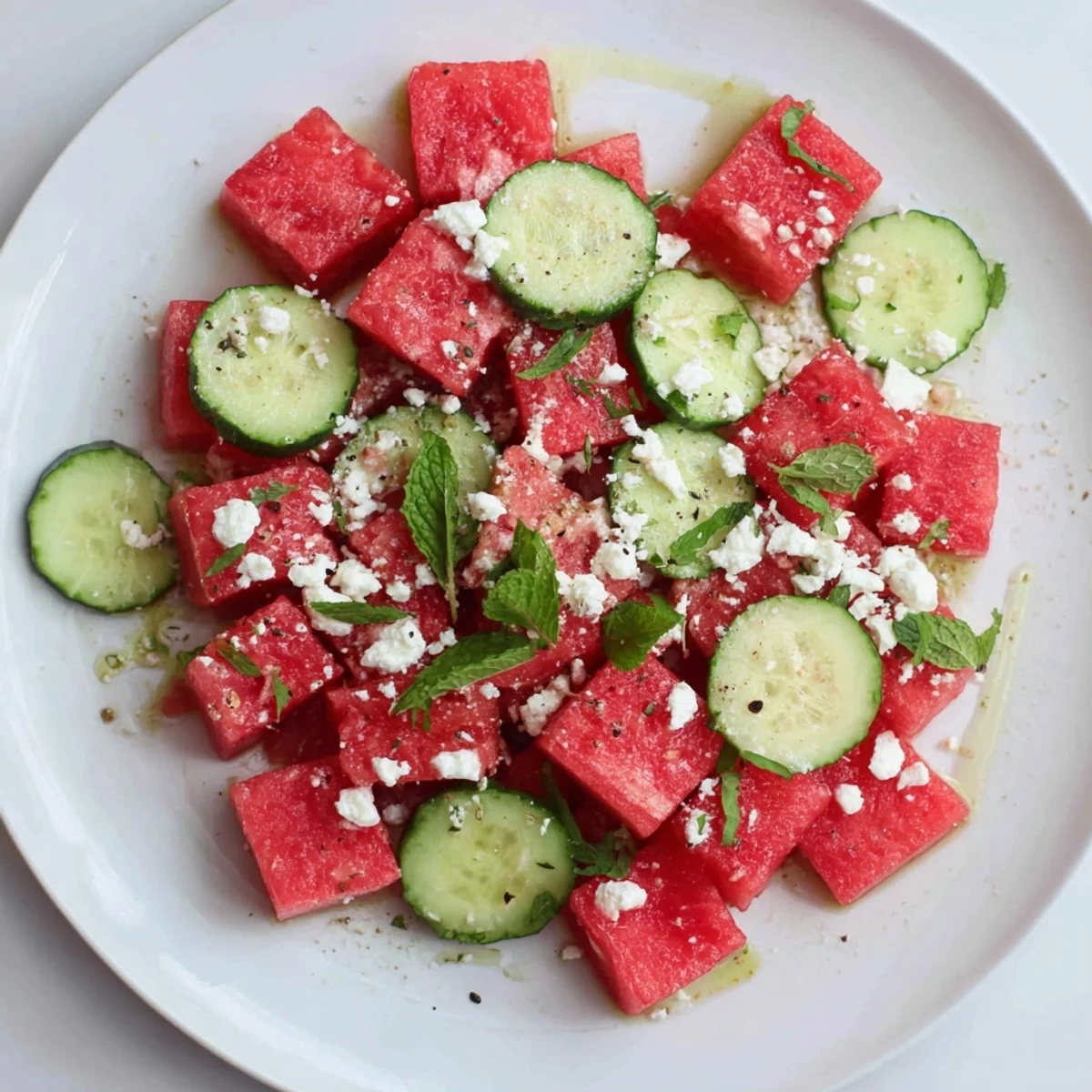 Watermelon Feta And Mint Salad Recipe tossed gently in bowl, crisp cucumber visible