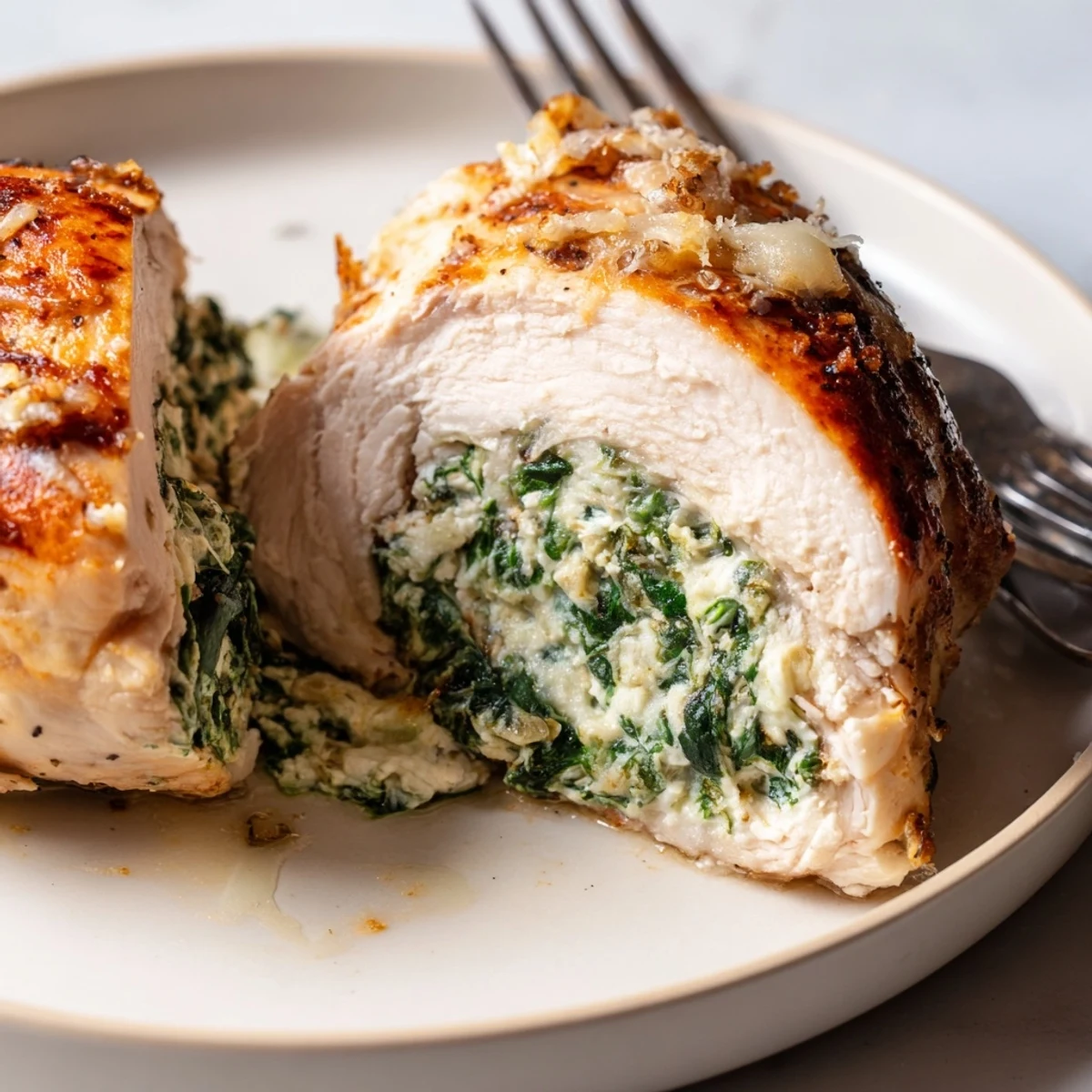 Slice of Spinach Ricotta Chicken beside a crisp green salad and lemon