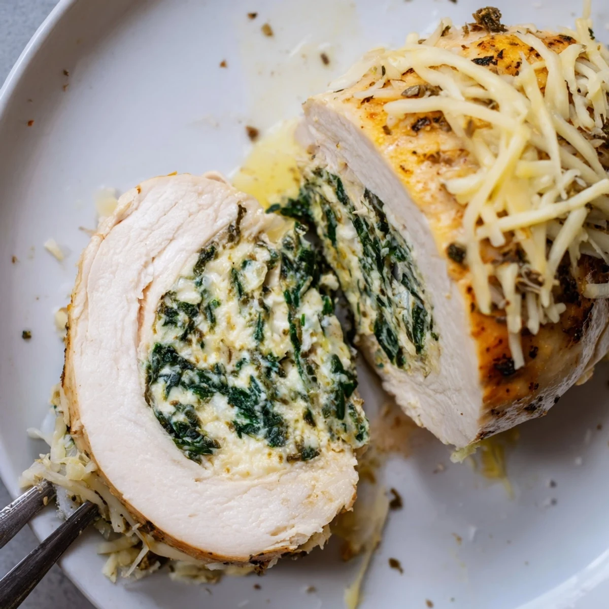 Spinach Ricotta Chicken golden baked with bubbling mozzarella, resting on wooden board