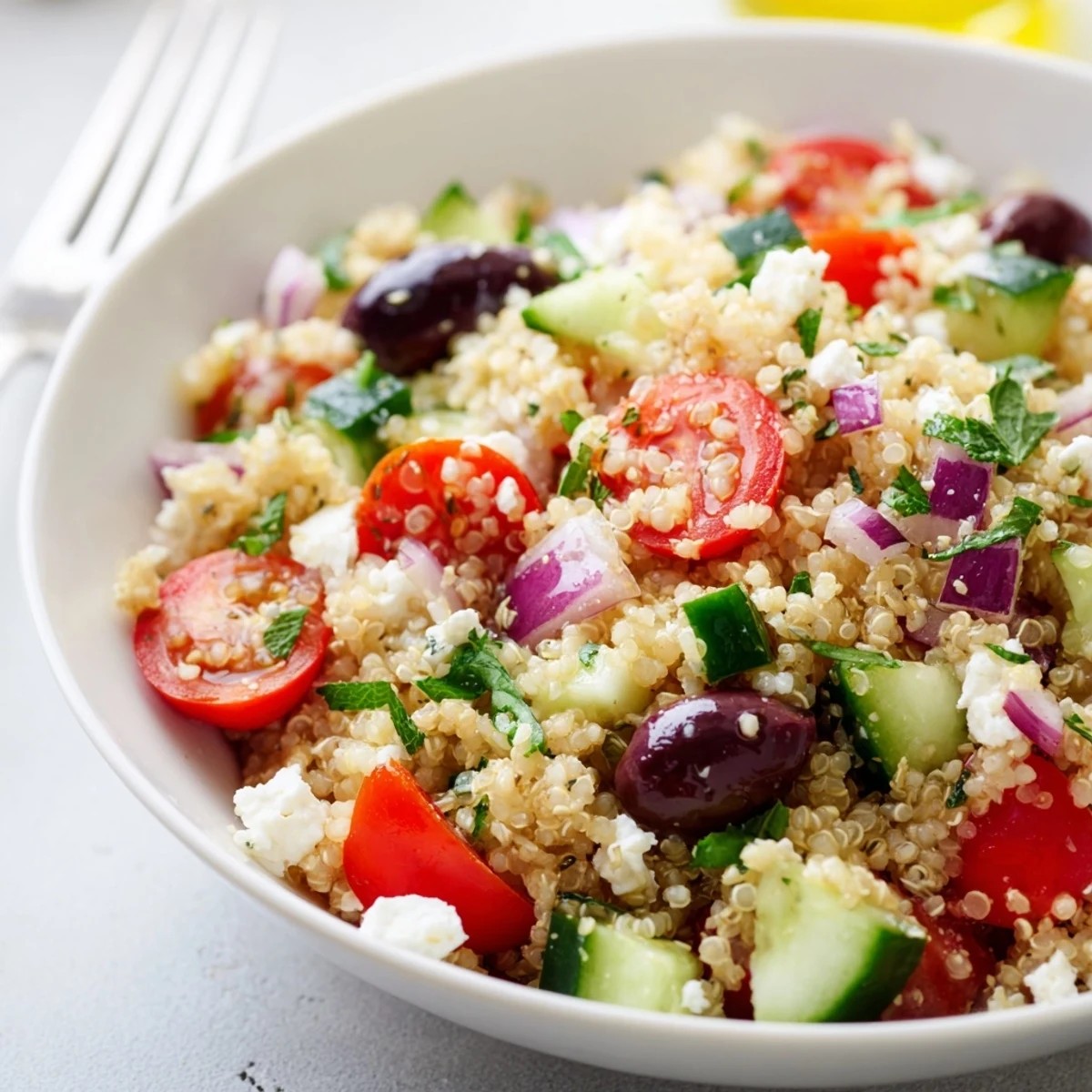 Cold Greek quinoa salad recipe tossed with crisp cucumber, olives, and herbs