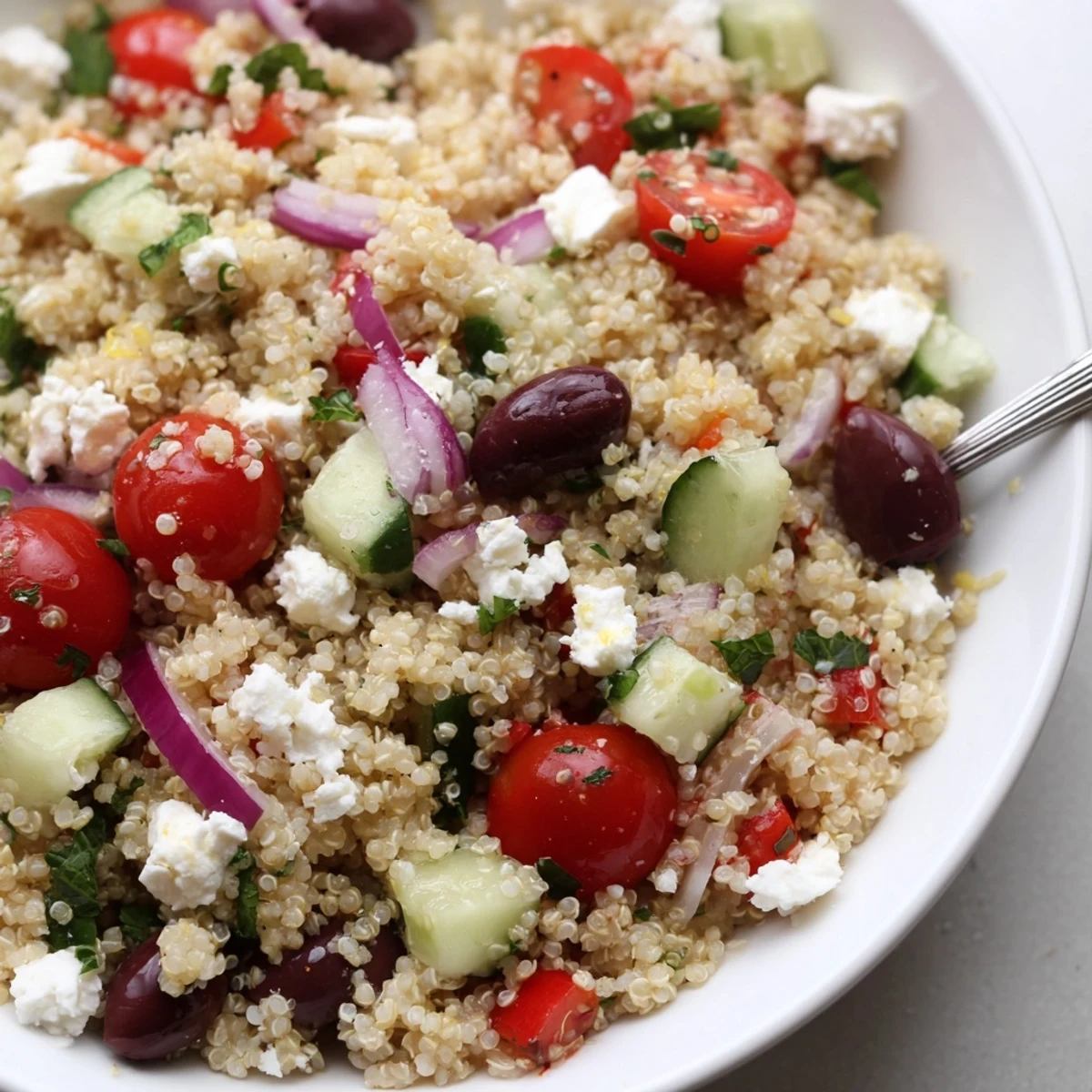 Greek quinoa salad recipe with bright cherry tomatoes, feta, and lemony dressing