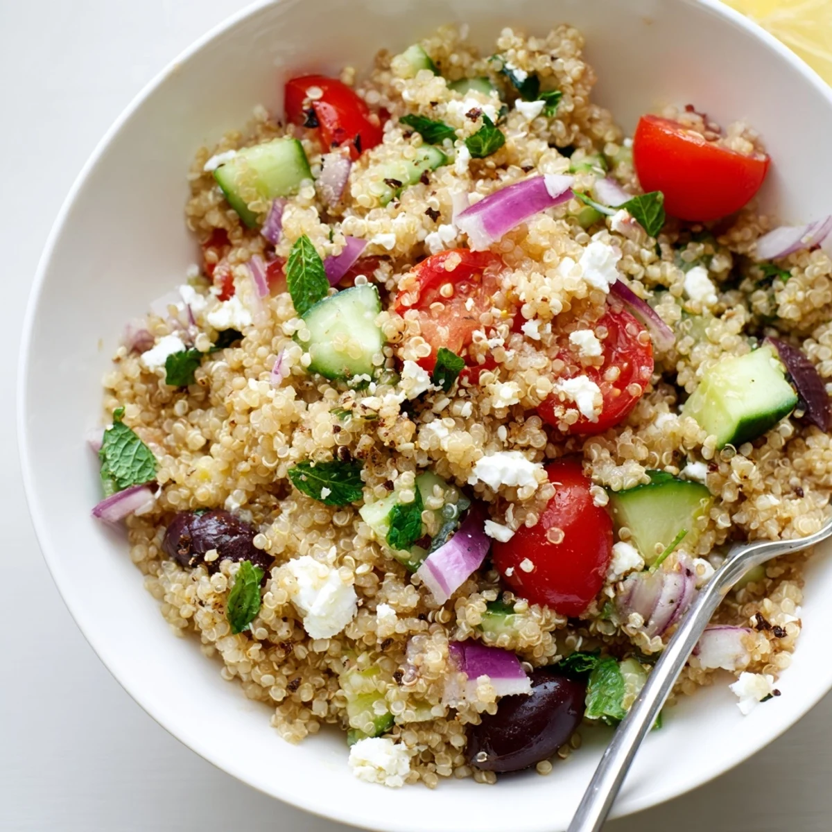 Make-ahead Greek quinoa salad recipe chilled, fluffy grains mingling with savory feta