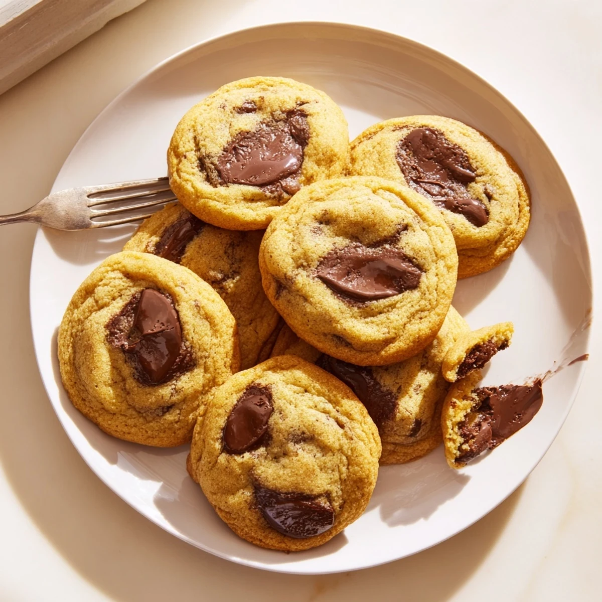 Freshly baked chocolate filled cookies showing golden edges with warm gooey chocolate inside