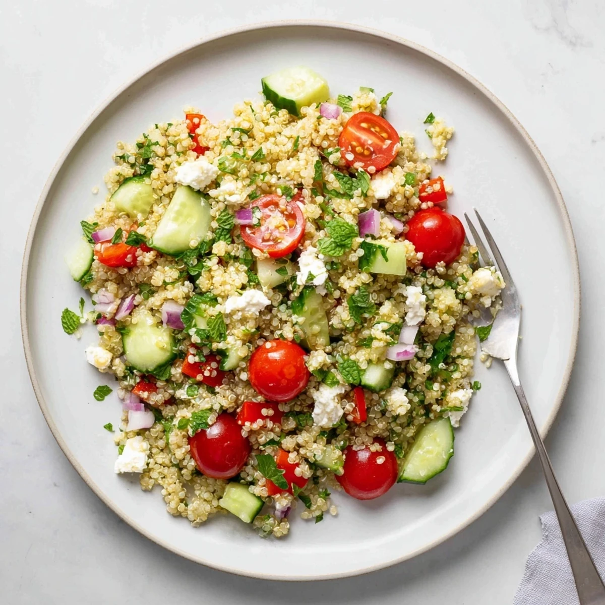 Layered glass jar of favorite quinoa salad recipe featuring bright cherry tomatoes cucumber and herbs