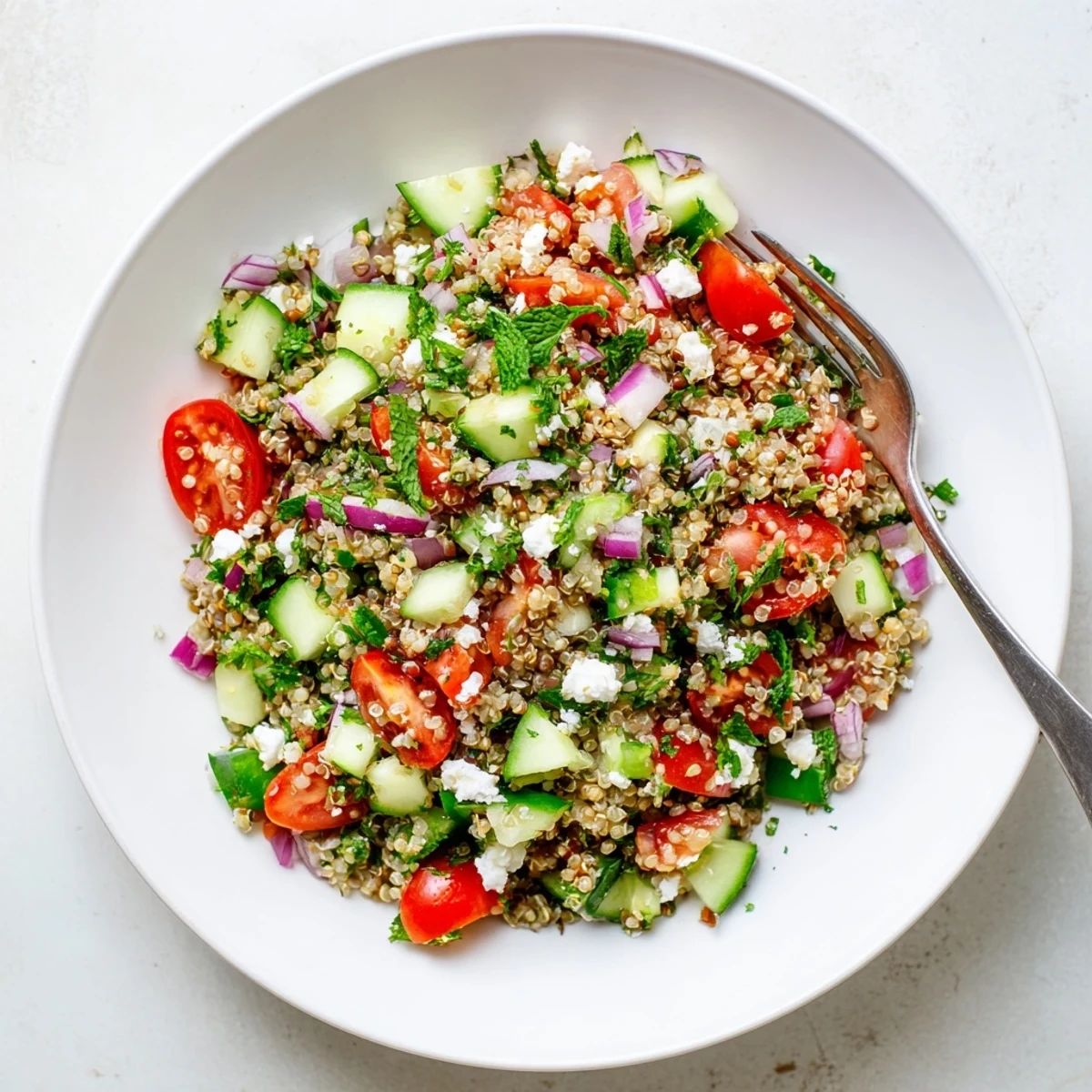 Colorful quinoa salad bowl with fresh vegetables and tangy lemon dressing ready for serving
