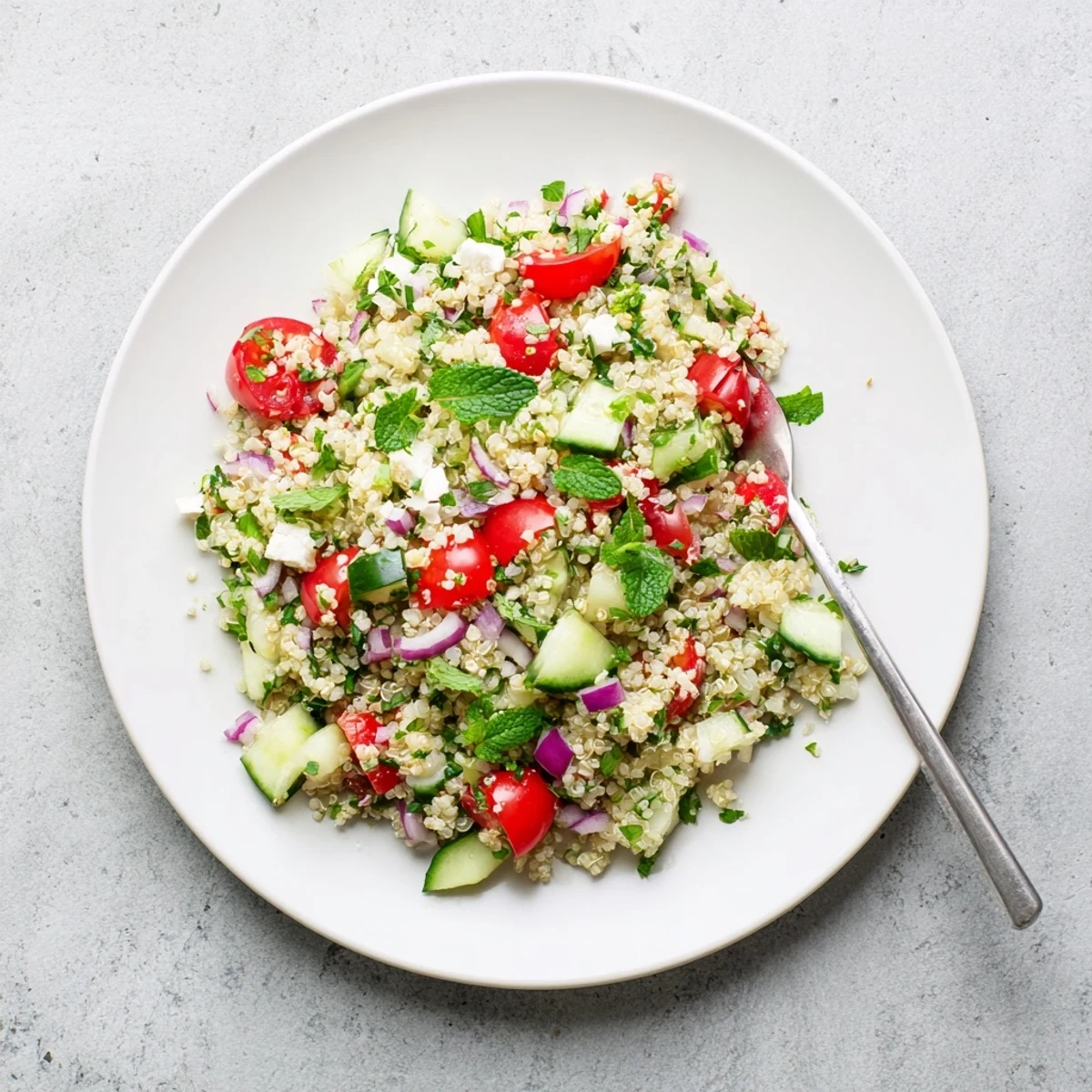 Vibrant quinoa salad platter topped with crumbled feta and mint perfect for healthy lunch gatherings