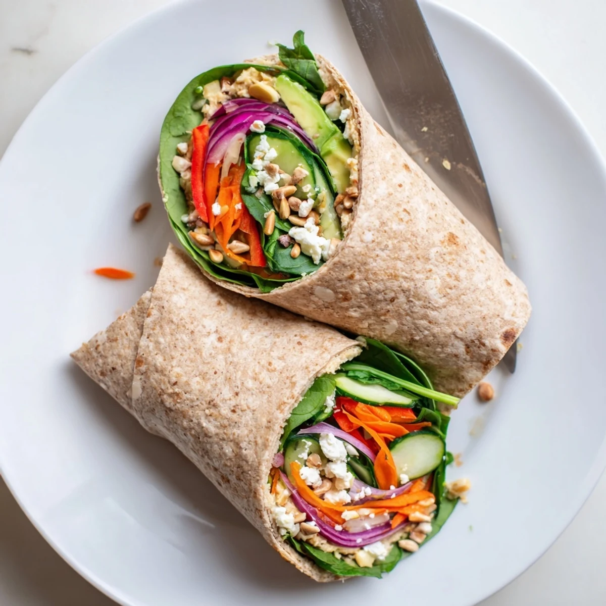 Fresh whole wheat tortilla wrapped around creamy hummus and crisp colorful vegetables