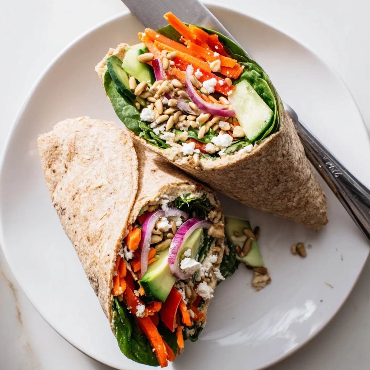 Mediterranean veggie wrap with hummus layered with spinach peppers and sliced avocado diagonally cut
