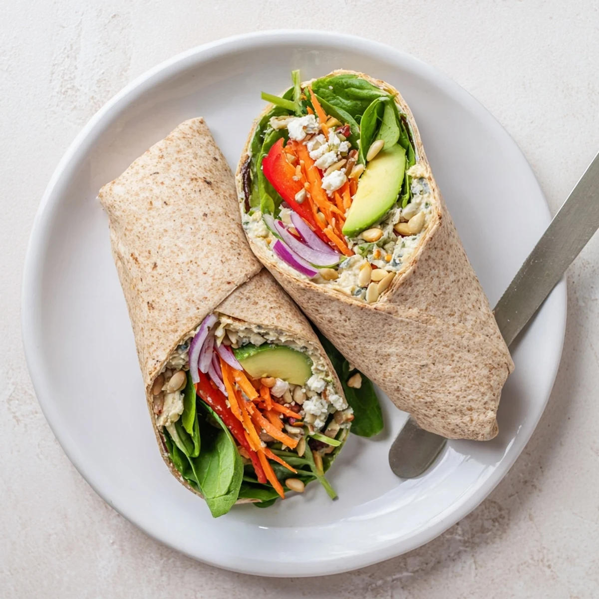 Healthy lunch recipe featuring rolled tortilla stuffed with hummus carrots cucumber and greens