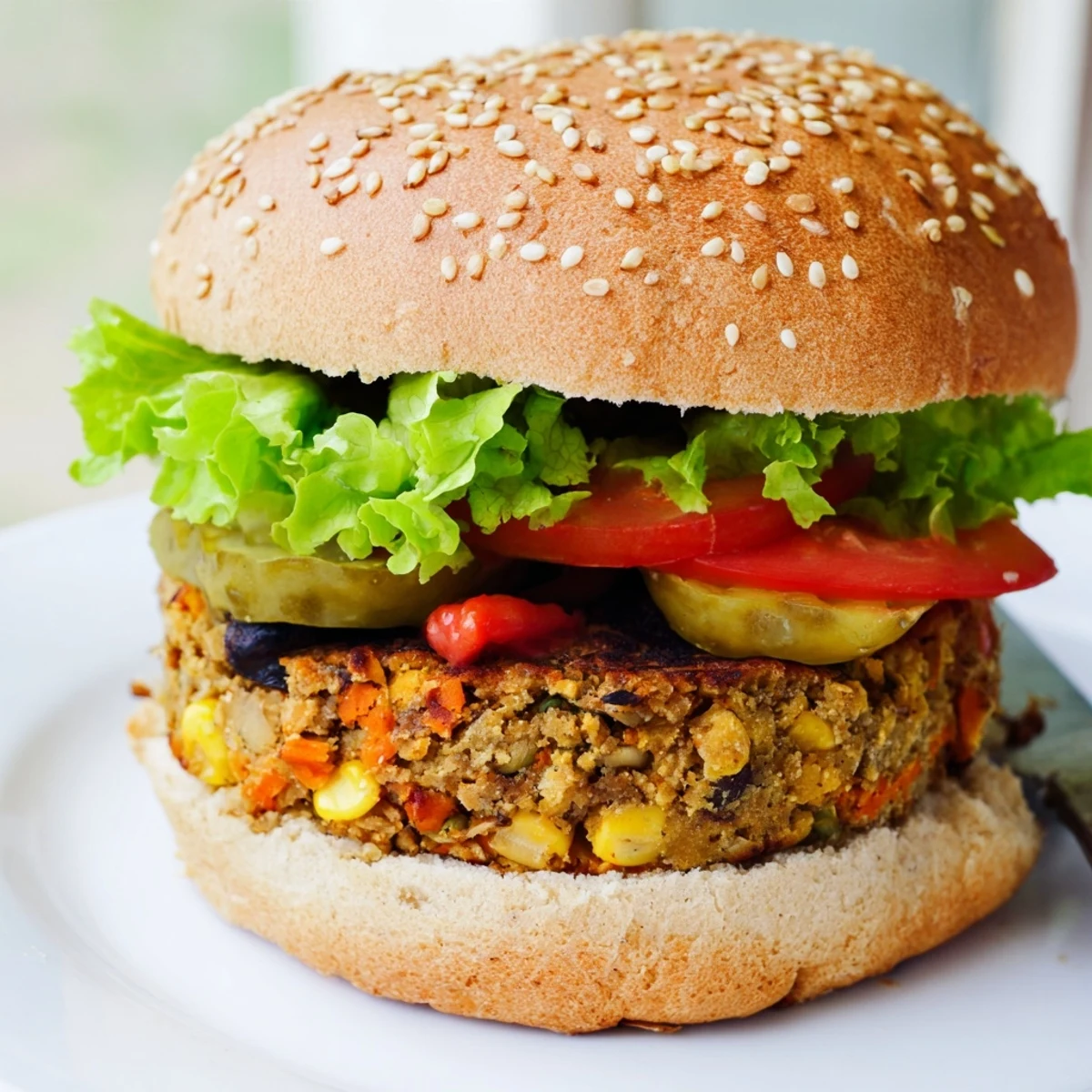 Hearty homemade veggie burgers recipe featuring black beans, grated carrots, and corn cooked until perfectly crisp