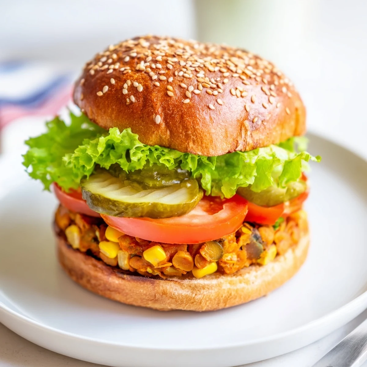 Golden brown veggie burgers recipe stacked on toasted buns with fresh lettuce and ripe tomato slices