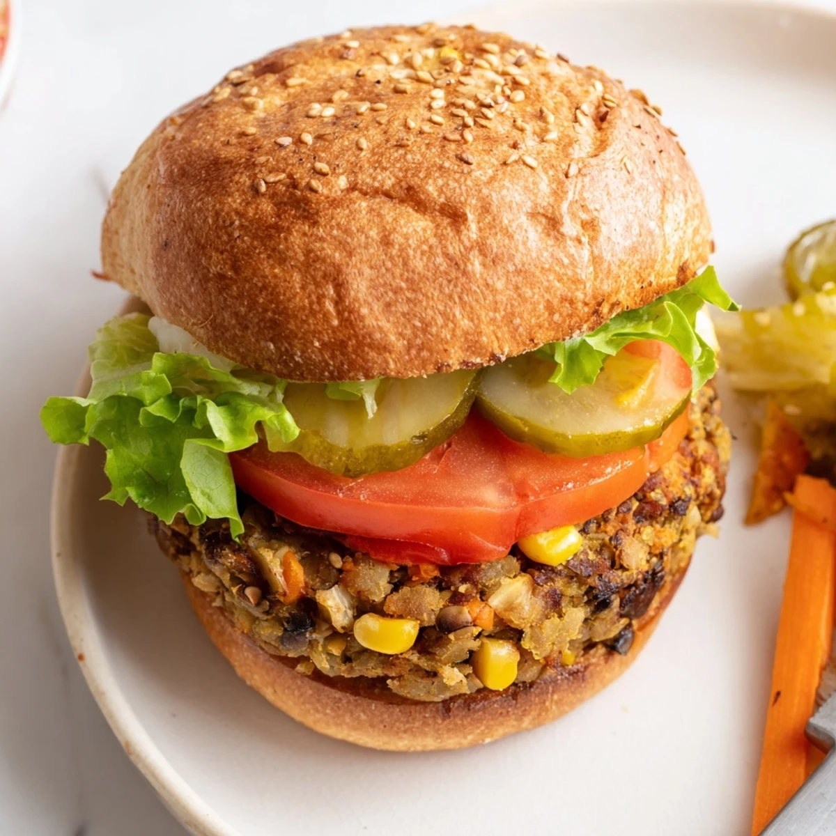 Savory veggie burgers recipe served on sesame seed buns with crisp pickles and melted cheese alternative